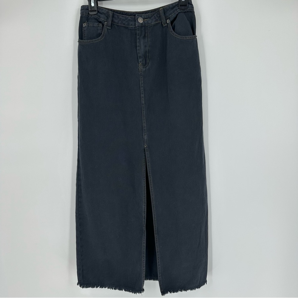 Mustard Seed Skirt Womens Medium Gray Denim Cotton Front Slit Zip Fly Mi…